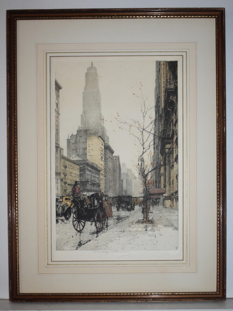 Listed Artist LUIGI KASIMIR, Signed Original Color Etching  New York Park Avenue