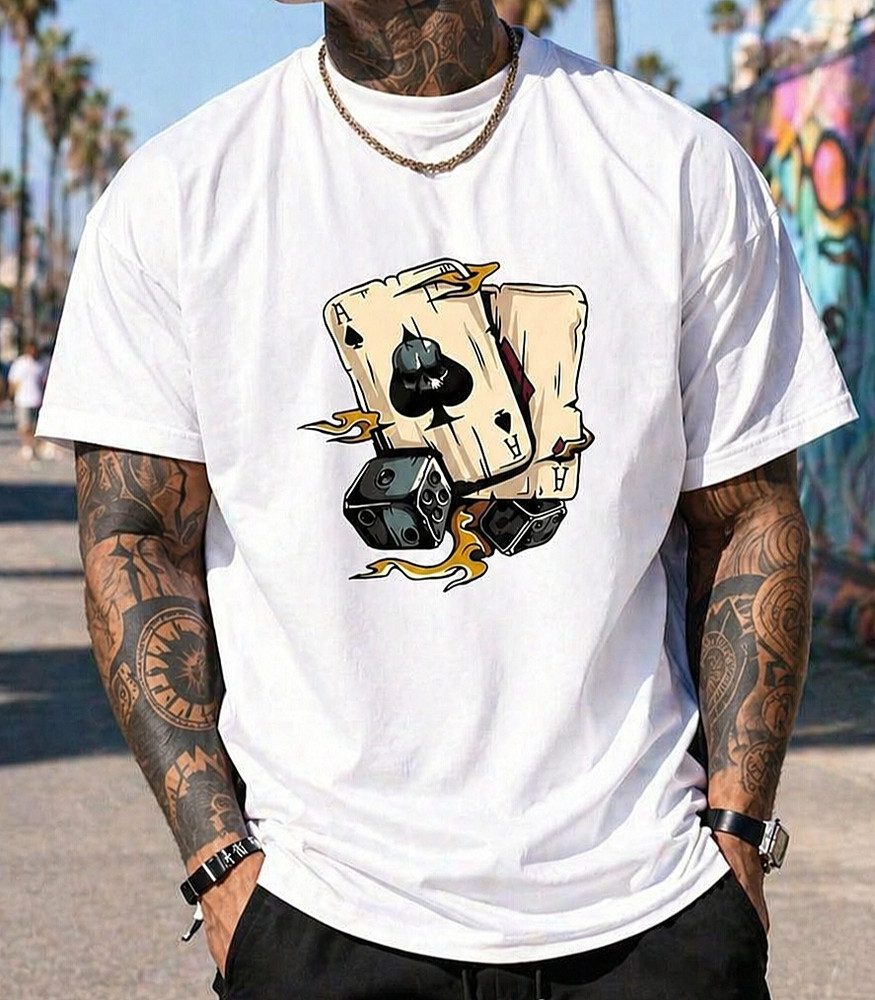 Men’s Poker Cards Dice Graphic T-Shirt Casual Streetwear Cotton Short Sleeve Tee