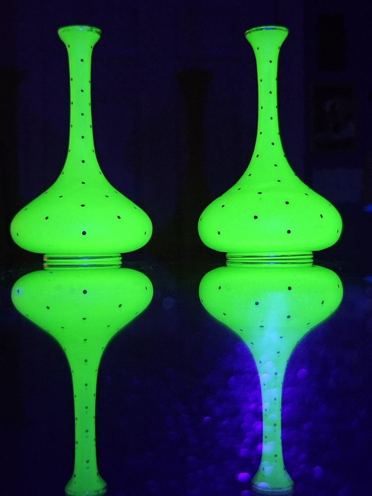 Antique French Baccarat? Jade Opaline Uranium Glass Vases with Gold Gilt Dots