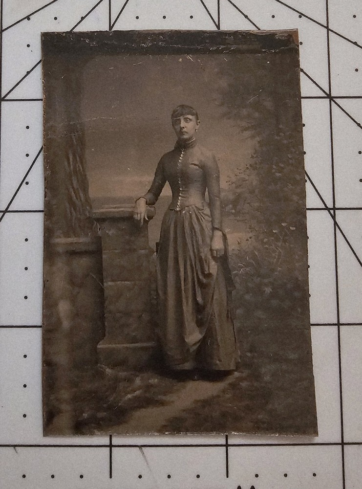 Antique Tintype Photo Young Victorian Woman Full Dress Hair Fashion Unique #5