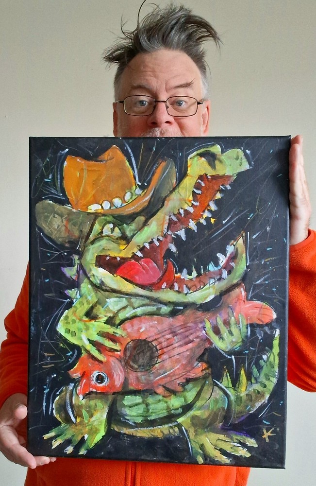 Alligator Outsider Painting Lrg Graffiti Folk Art OOAK Abstract Canvas Whimsical-image