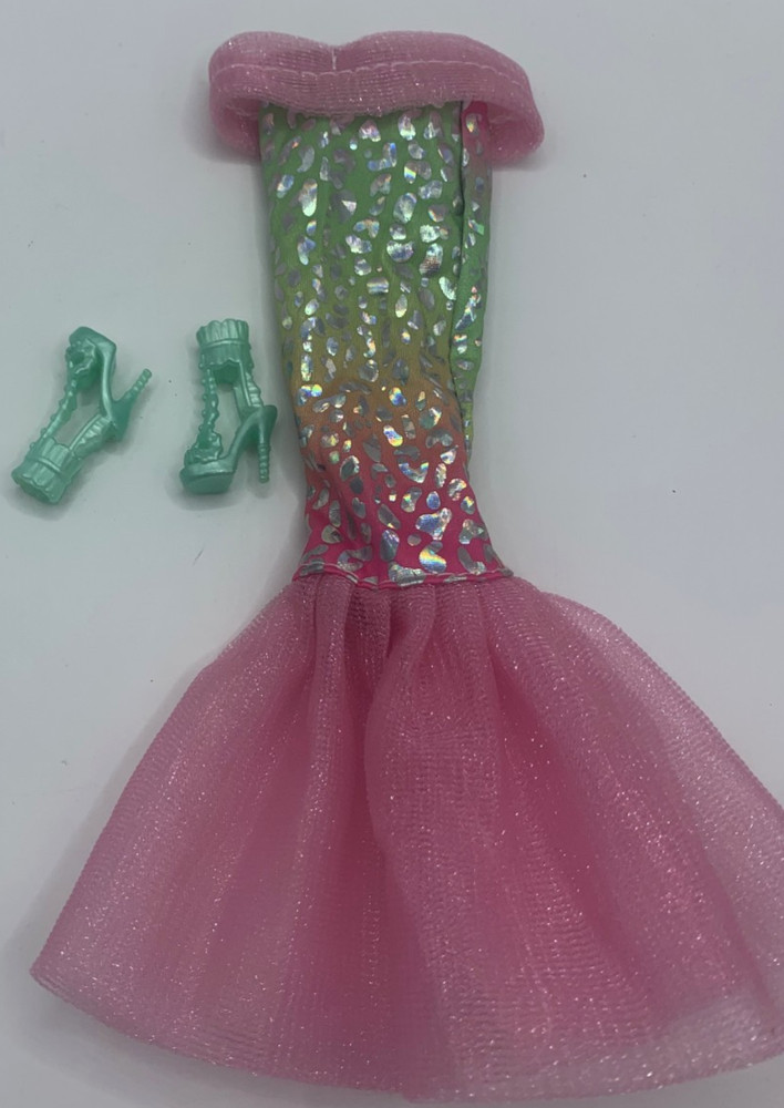 Modern Barbie Sized Fashions Outfit Fancy Shiny Pink Green Mermaid Dress Shoes