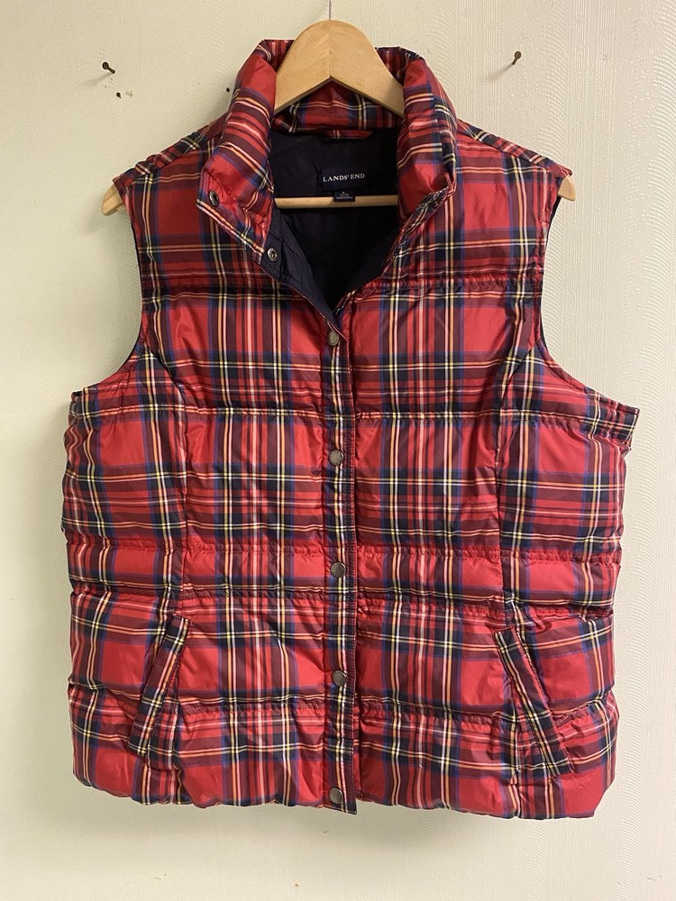 Lands' End Down Puffer Winter Vest Snap Front Women’s L {14-16} Red Navy Plaid