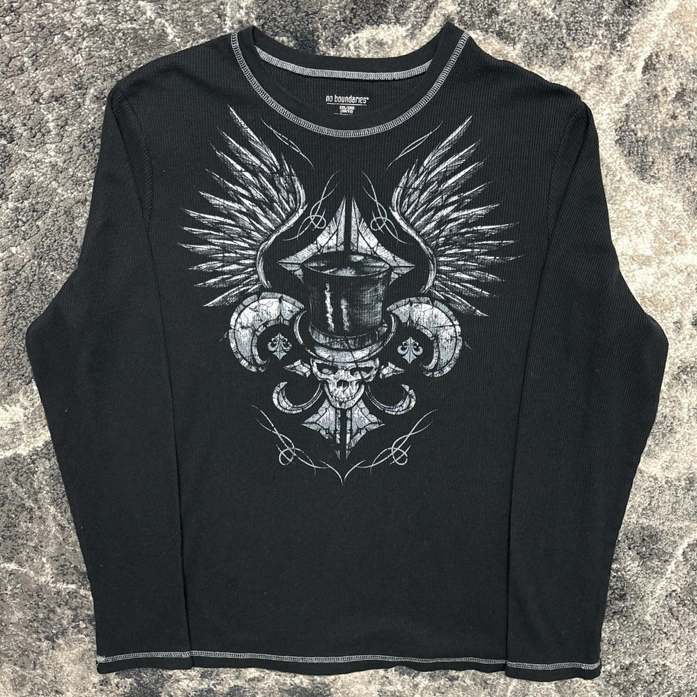 Y2K No Boundaries Thermal Long Sleeve Shirt Mens XL (tagged XXL) Skull Wings Vtg