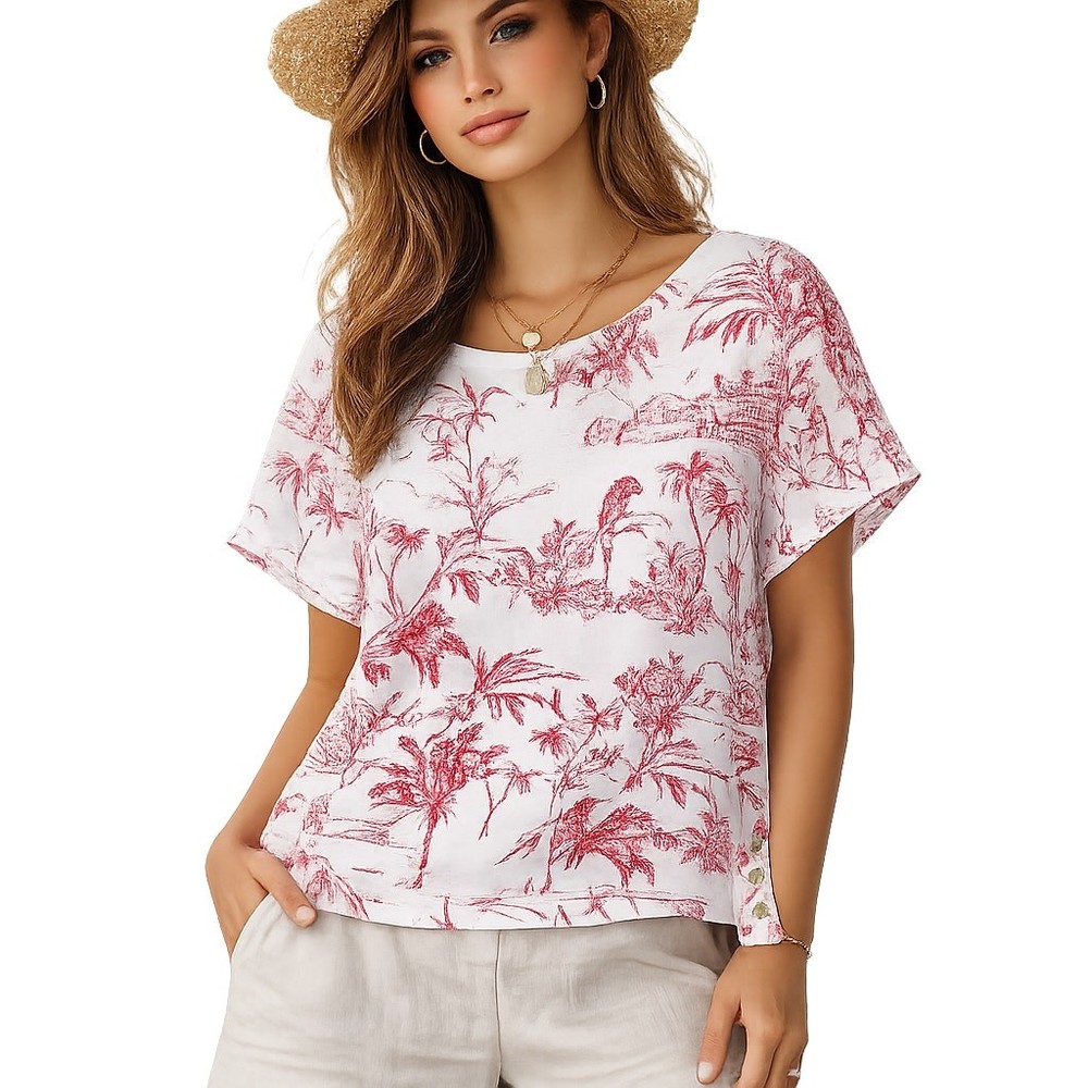 Joie Linen Tropical Print Blouse Red White Short Sleeve 1X Beach Resort