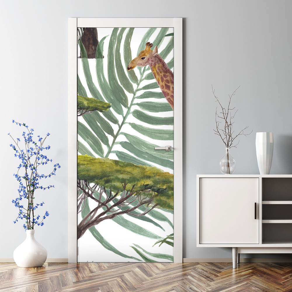 Vibrant Tropical Jungle Watercolor Bubble-Free Door Sticker for Home Decor