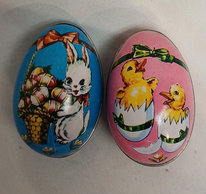 2 Vintage Murray Allen Tin Litho Egg Baby Ducks Easter Bunny Basket