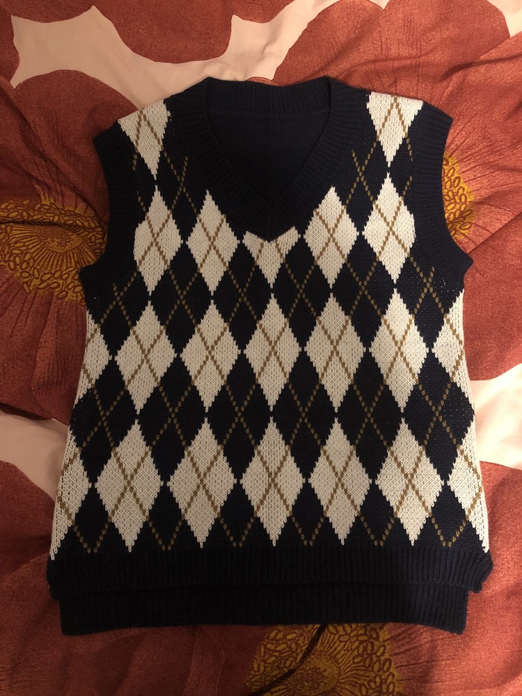 Argyle Cotton Sweater V-Neck Vest Navy Blue White Gold Preppy