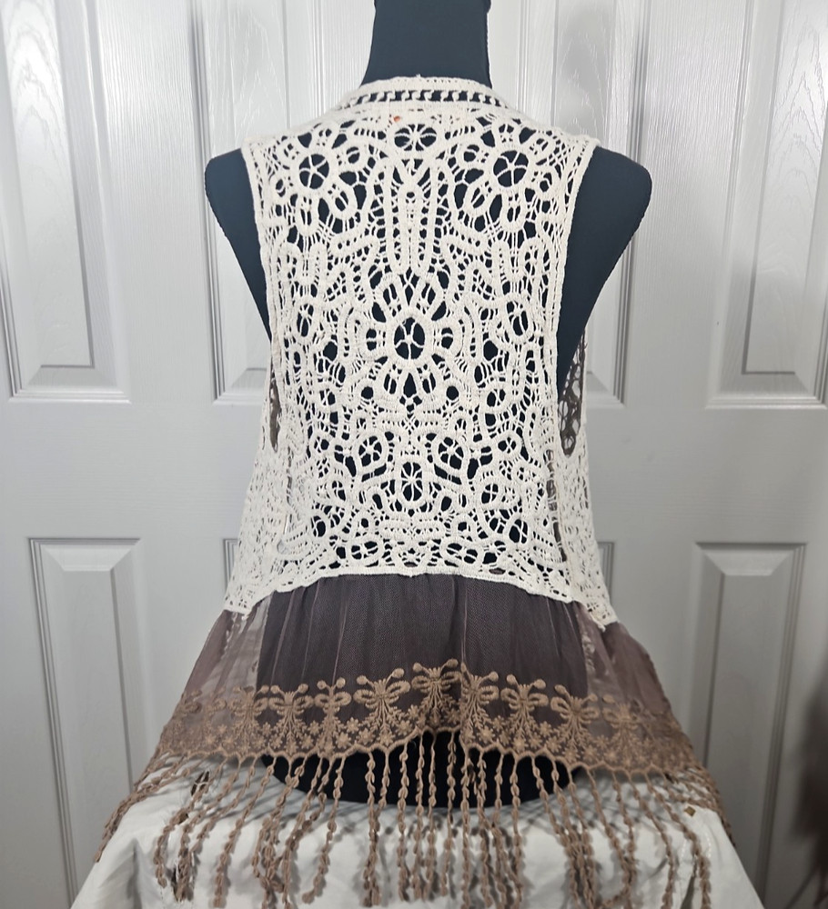 Origami Boho Fairy Crocheted Fringe Vest L Sheer Mesh Witchy Coastal Cowgirl Y2K