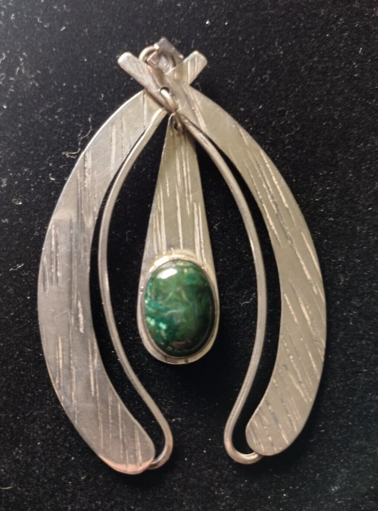 Sterling Silver 925 Signed Israel Artisan Modern Eilat Stone Necklace Pendant