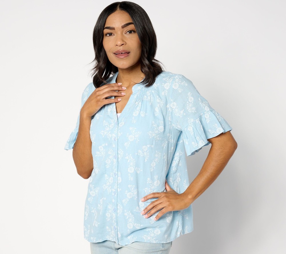 Denim & Co. Women's Top Sz XL Naturals Linen Blend Elbow Sleeve Blue A644255