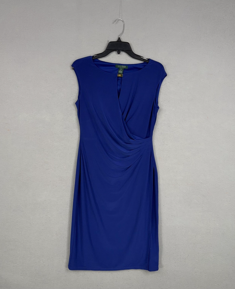 Lauren Ralph Lauren Dress Womens 8 Blue Draped Surplice Sheath Ruched Sleeveless