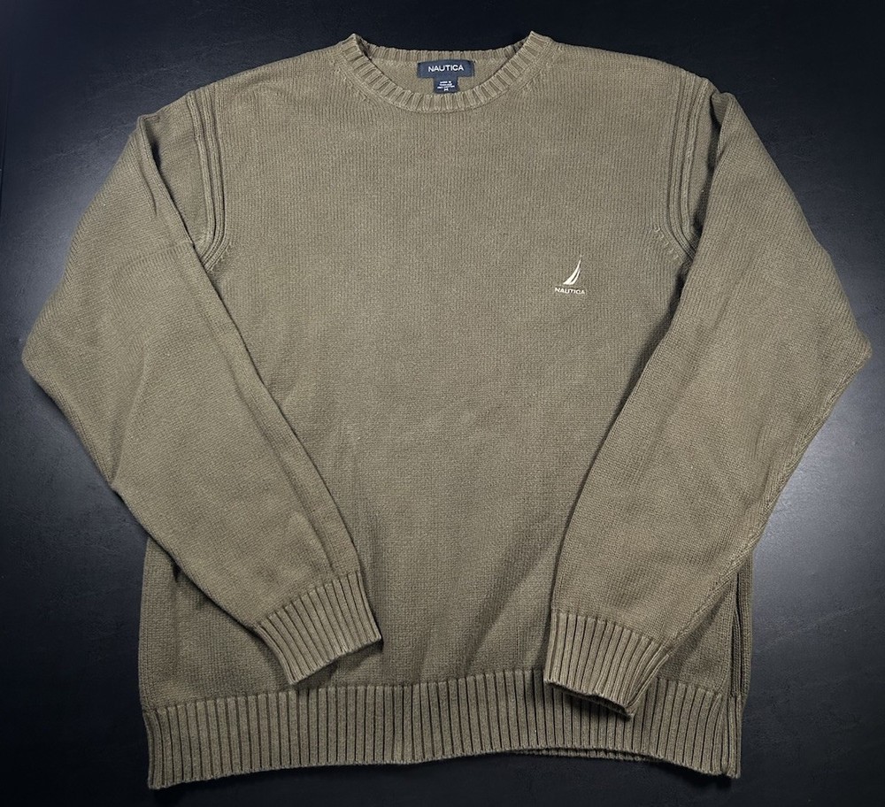 Vintage Nautica Sweater Mens Medium Heavy Knit Faded Green Earth Tone Fisherman