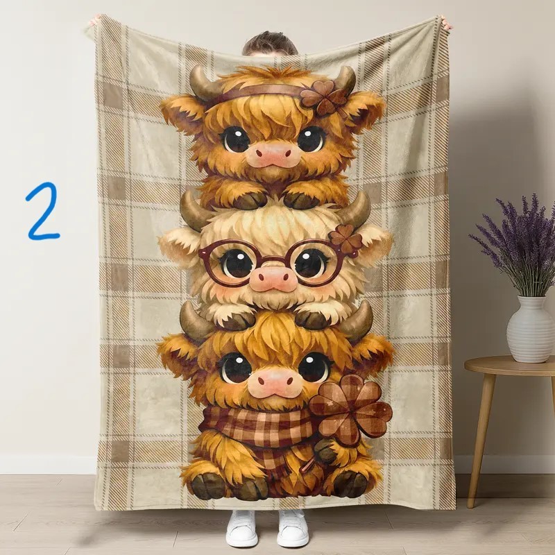 Cute Highland Cow Cartoon Flannel Blanket Cozy Farmhouse Throw