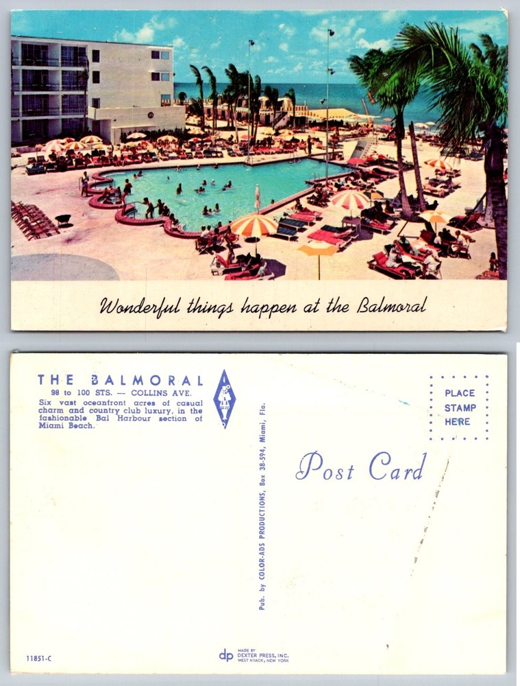Vintage Balmoral Hotel Miami Beach FL Postcard - Oceanfront Pool & Palms