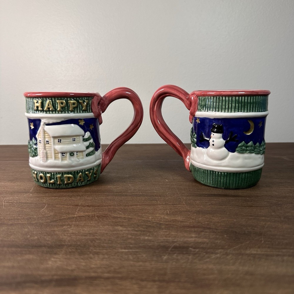 Omnibus by Fitz & Floyd Christmas Holiday Mugs Winter Snow Snowmen Set of 2