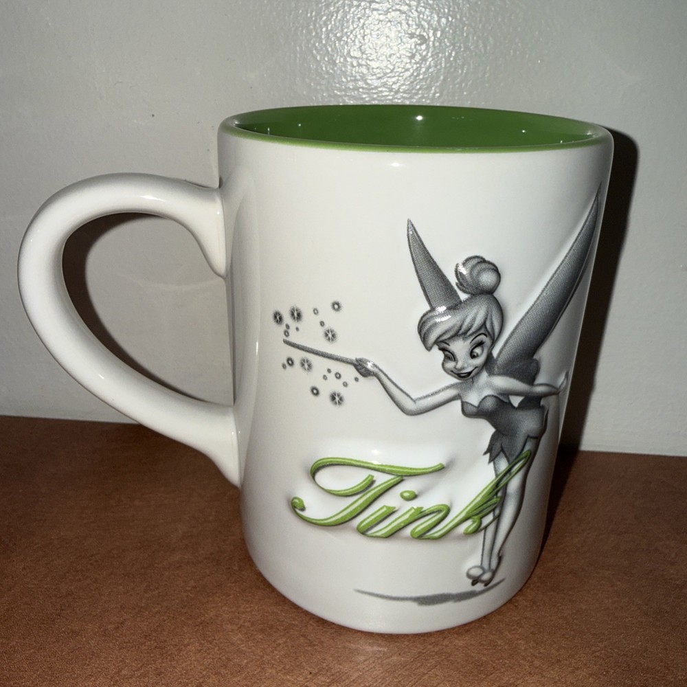 Disney Store Tinker Bell Coffee Mug Cup Raised 3D Tink White Green Gray 16oz