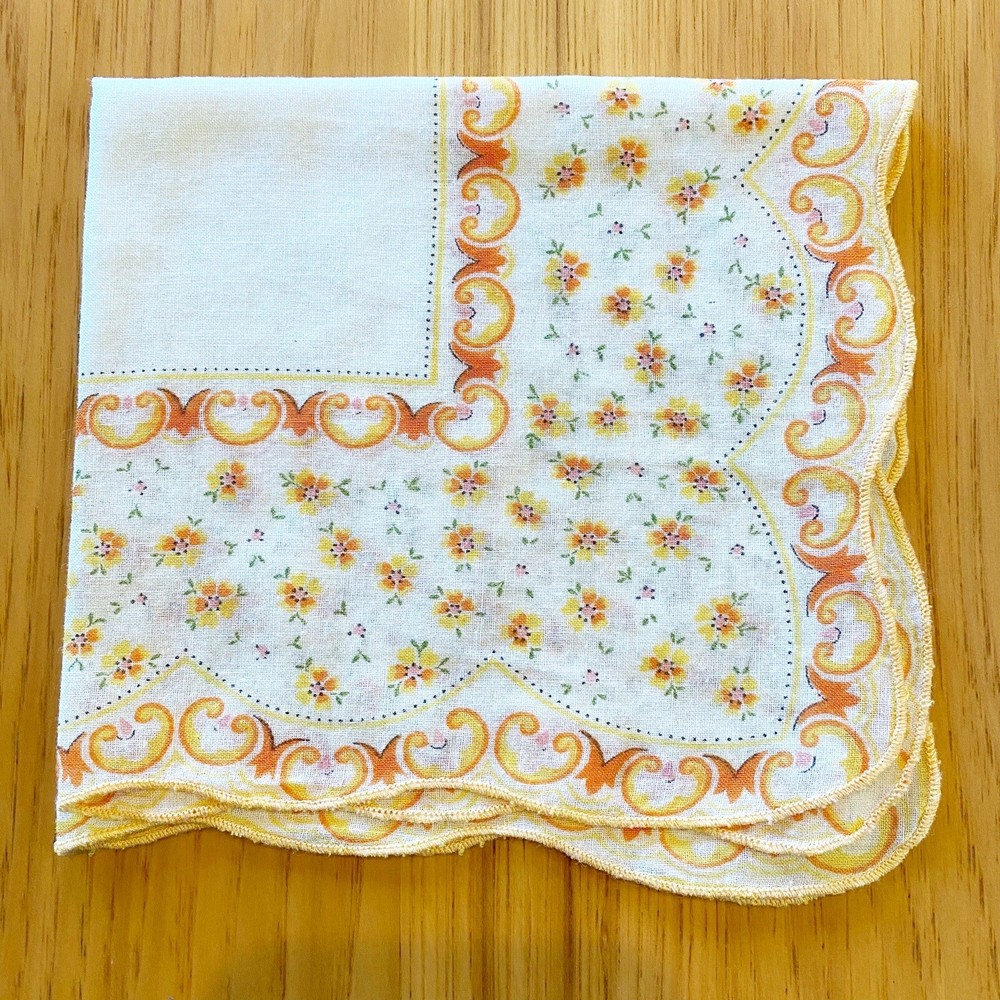 Vintage Handkerchief Hanky Printed Orange Yellow Flower Rolled Edge Cotton 11.5