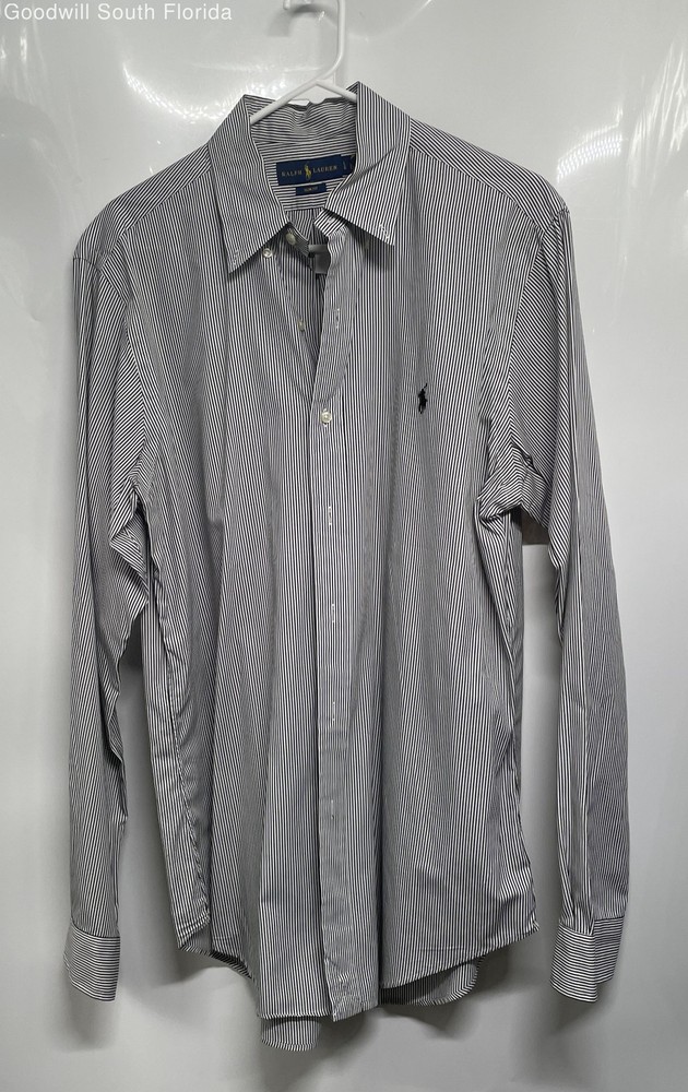 Ralph Lauren Mens Black White Striped Cotton Slim Fit Button-Up Shirt Size Large