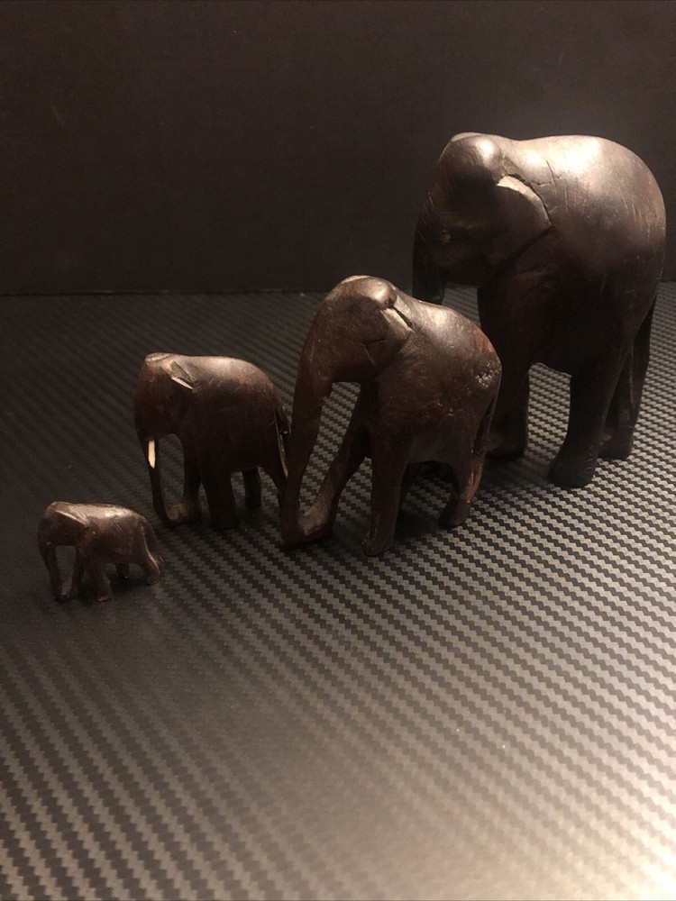 Vintage Hand Carved Wooden Elephant Family Set Of 4