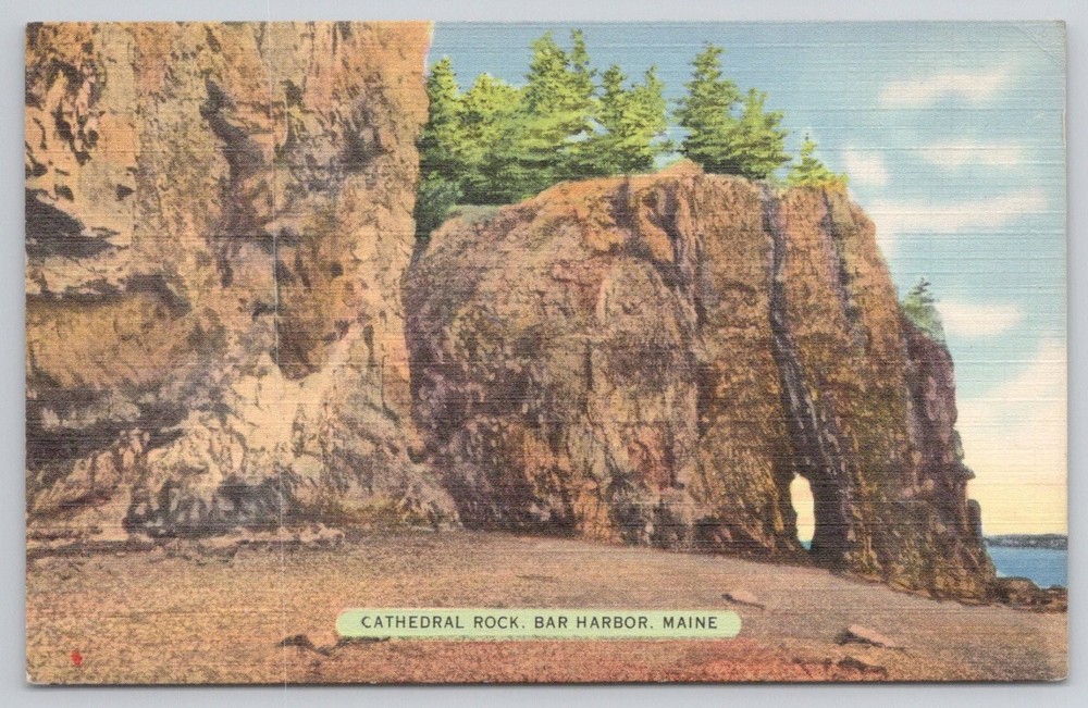 Cathedral Rock Bar Harbor Maine Linen Postcard Tichnor Quality Views