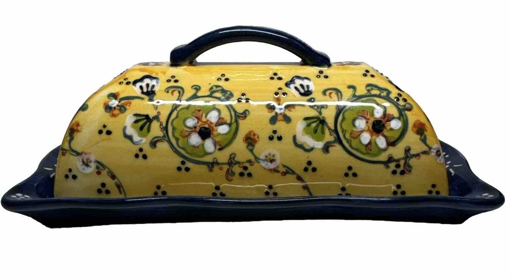 Anthropologie Yellow Blue Floral Ceramic Handpainted Print Covered Butter Dish