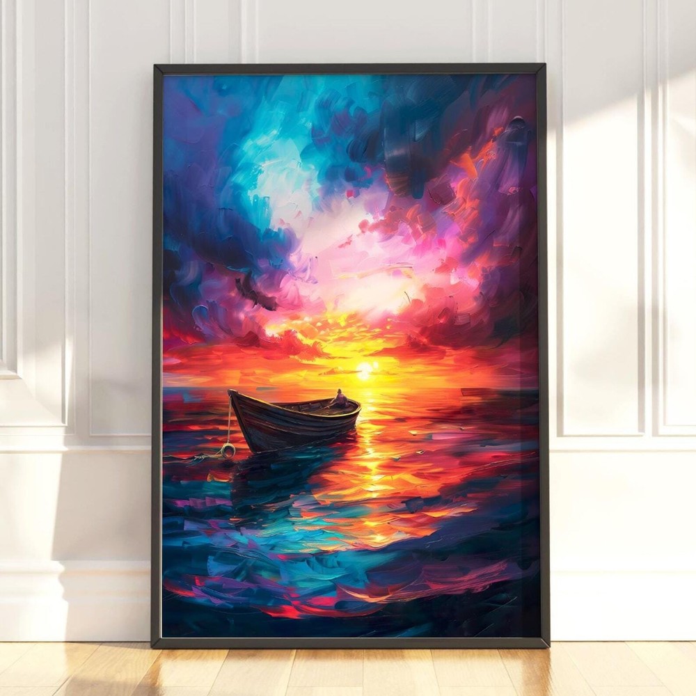 Colourful Boat Oil Painting Boat Print Fishermen In Canoe At Sunset Coastal