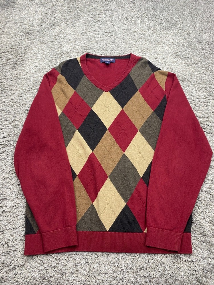 Roundtree Yorke Sweater Men Large Red Argyle V Neck Grandpa Preppy Golf Pullover