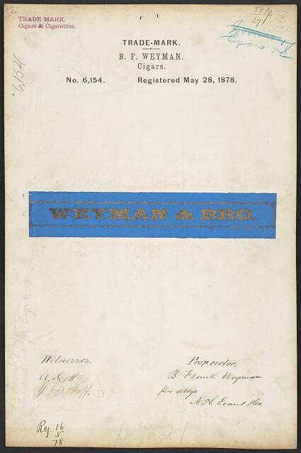 Photo:B F Weyman Weyman Bro Cigars Trademark Registration 1878