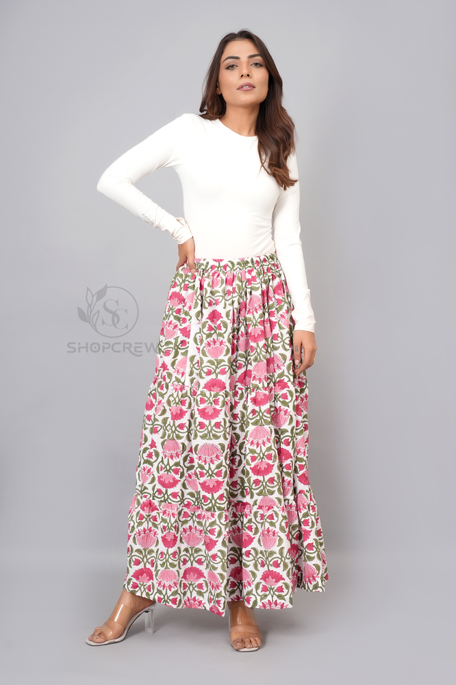 Women Floral Block Printed Cotton Maxi Long Skirt with Elastic Waist - Multi
