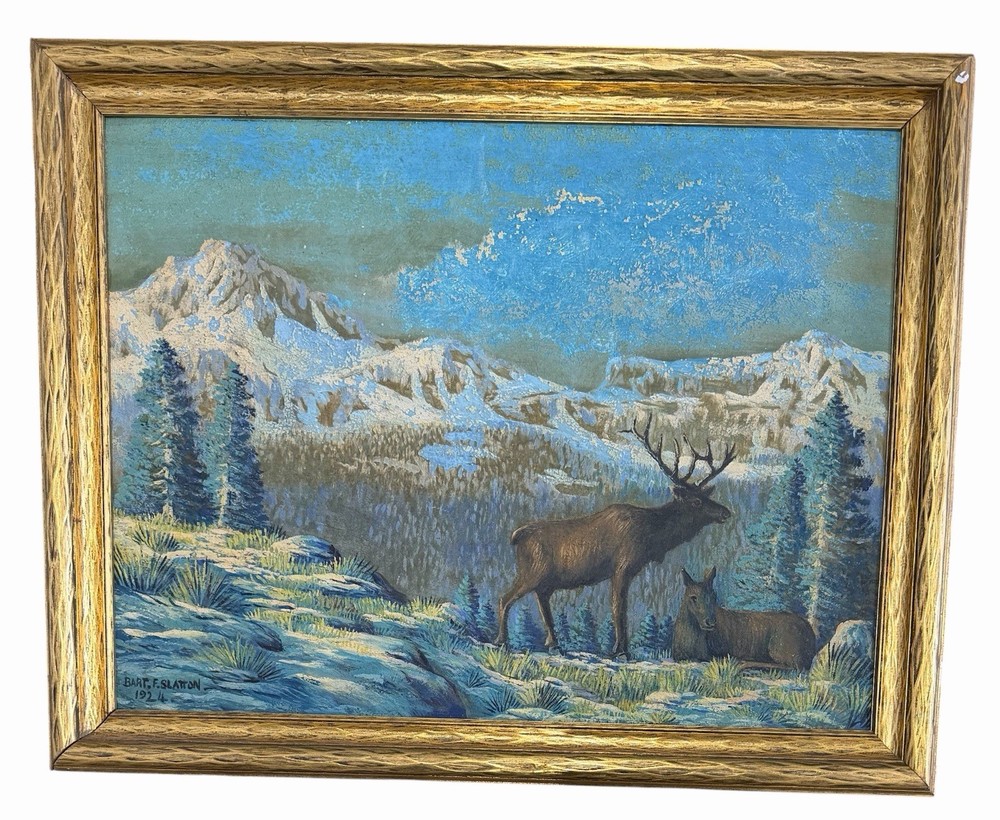 Antique Oil Painting Mountain Landscape Wildlife Scene Signed Slatton 1924