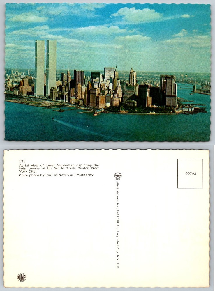 NYC World Trade Center Twin Towers Postcard WTC Lower Manhattan Aerial View