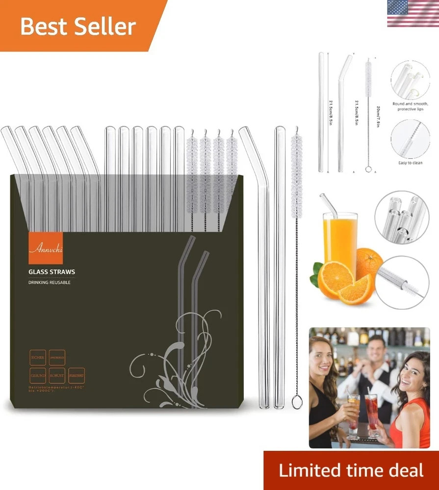 16 Pack Reusable Glass Straws,Set of 6 Straight and 6 Bent with 4 Cleaning Br...