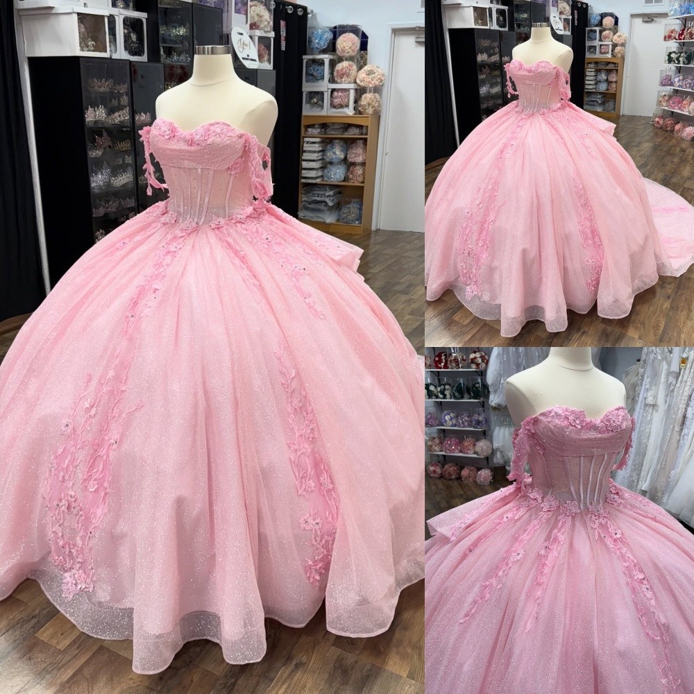 Pink Princess Quinceanera Dresses 3D Flowers Off Shoulder Sweet 15 16 Ball Gowns