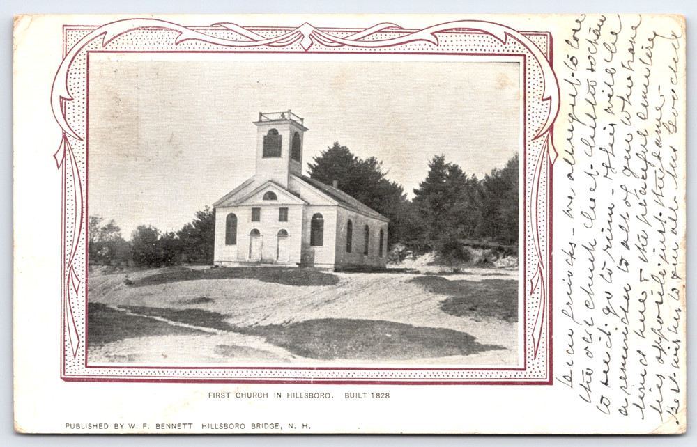 Vintage Postcard First Church Built In Hillsboro Bridge New Hampshire Usa 1906