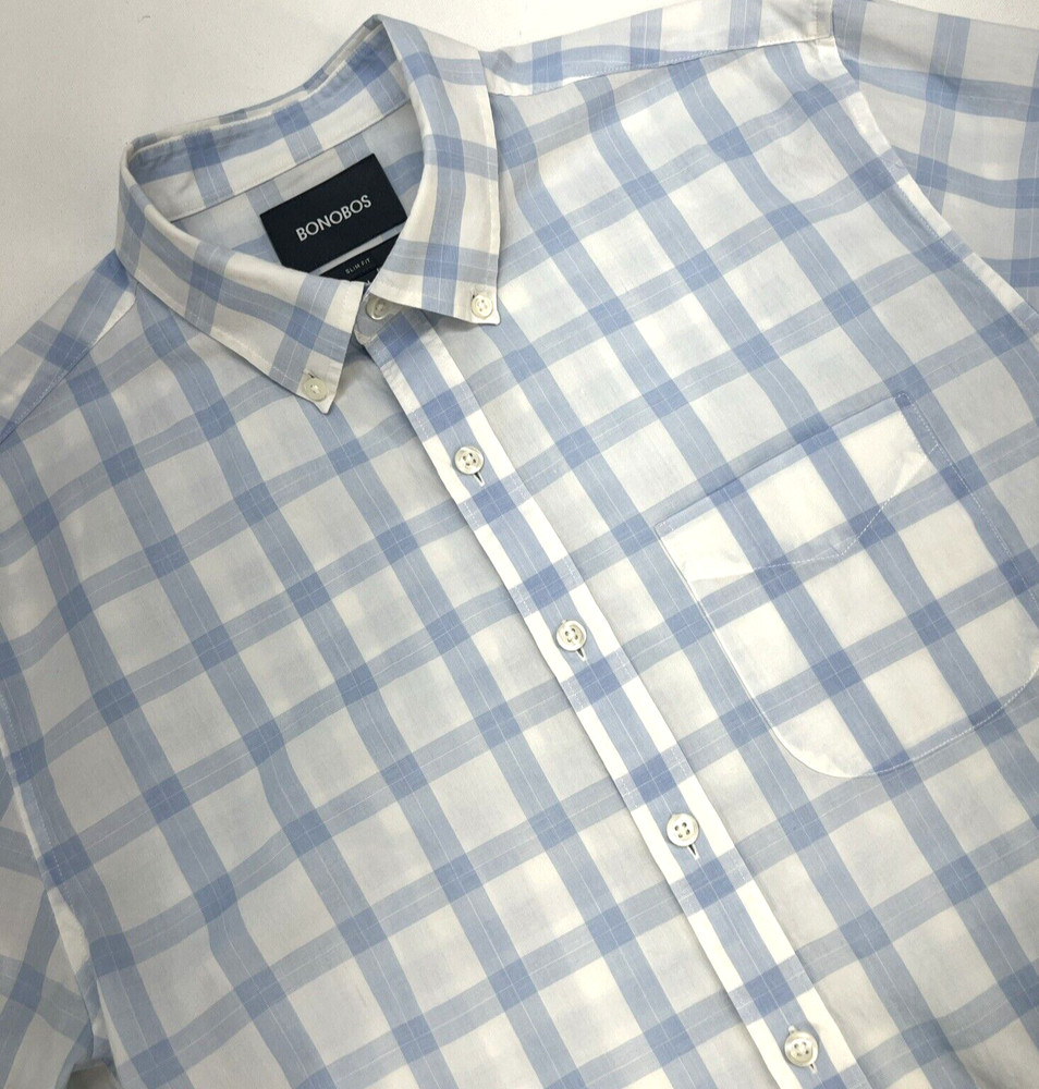 Bonobos Slim Fit Button Down Long Sleeve Shirt Men’s M Short Blue White Plaid
