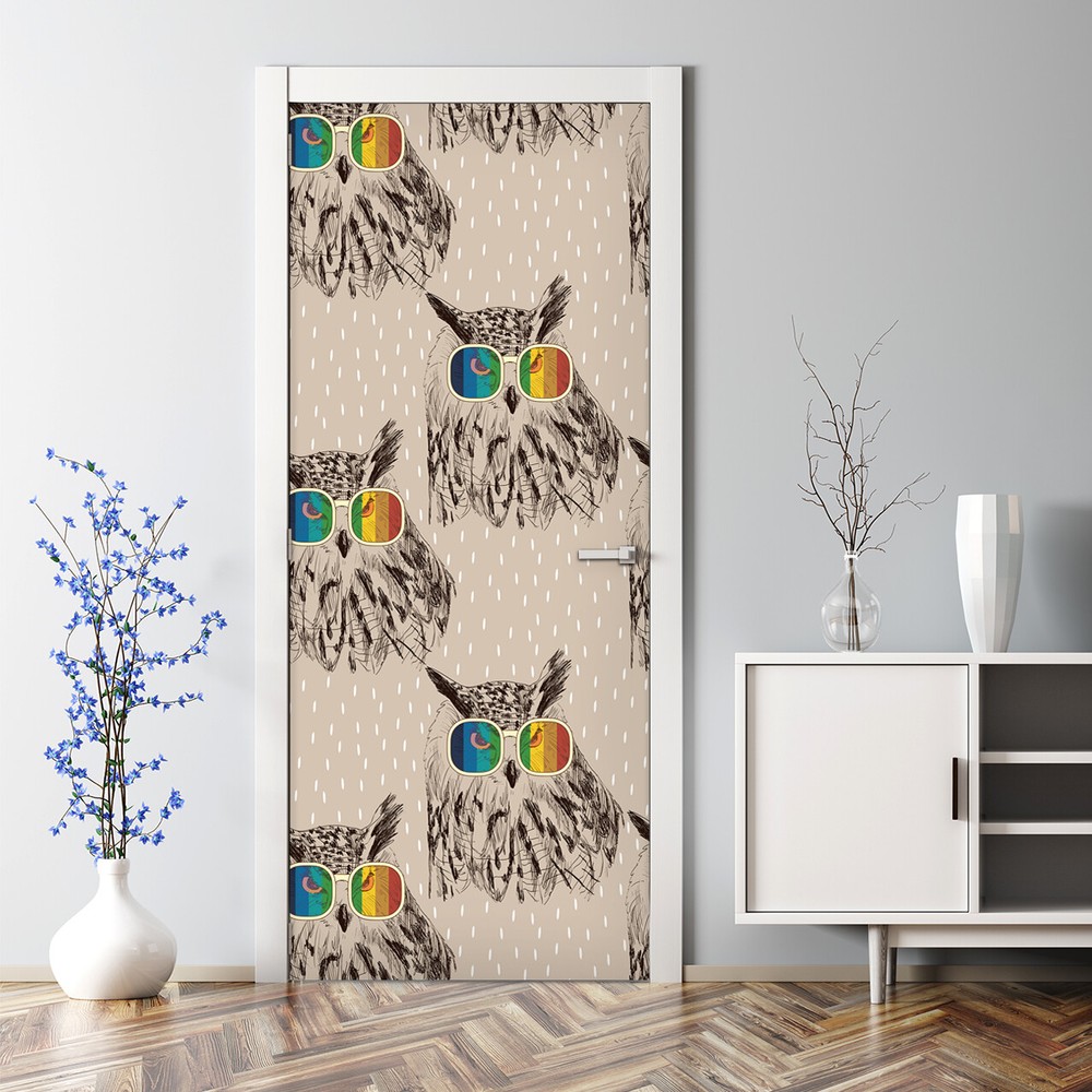 Retro Owl Door Sticker with Colorful Glasses for Kids Room Bubble Free Decal