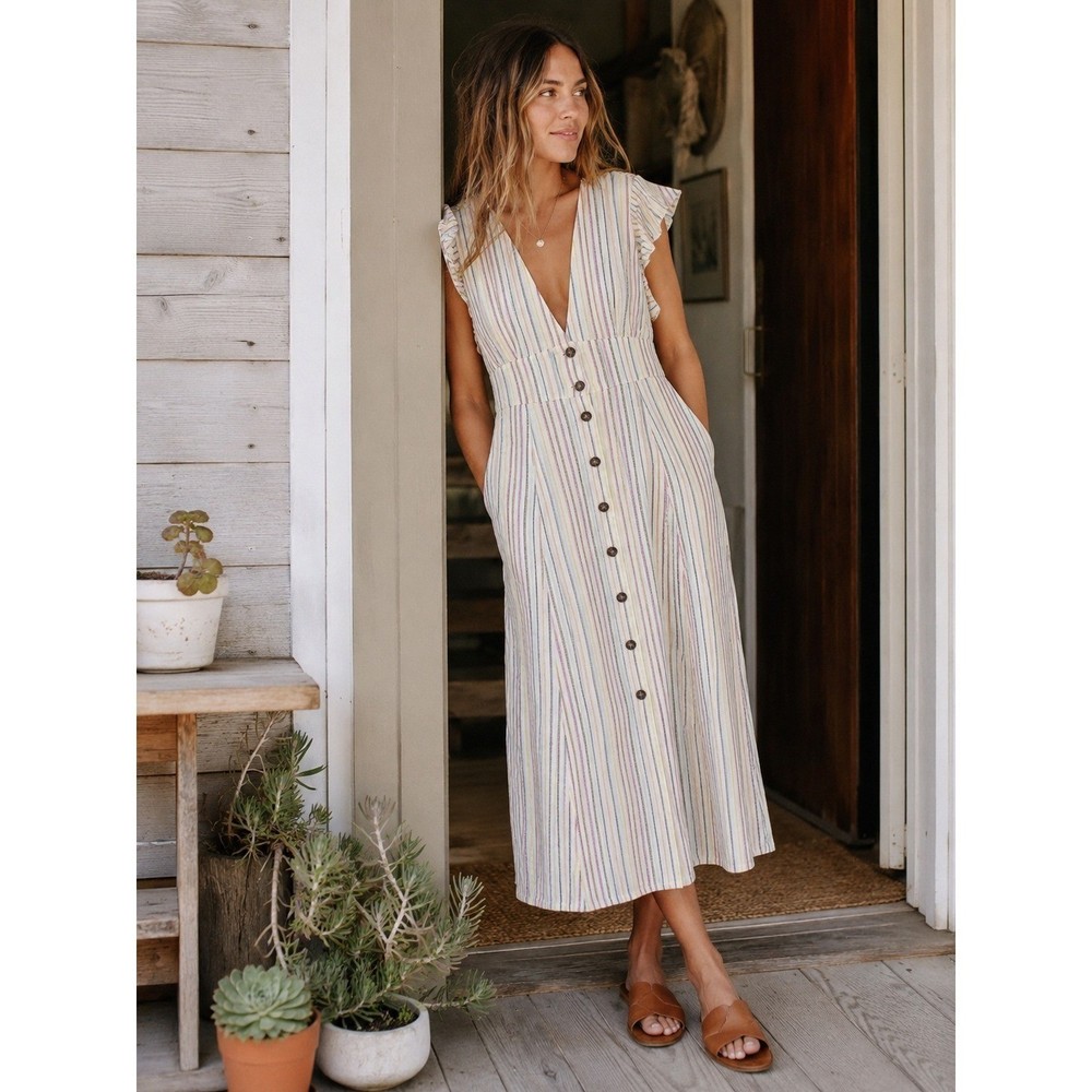 NWT Marine Layer Camila Midi Dress Women S Rainbow Stripe Hemp Flutter Sleeve