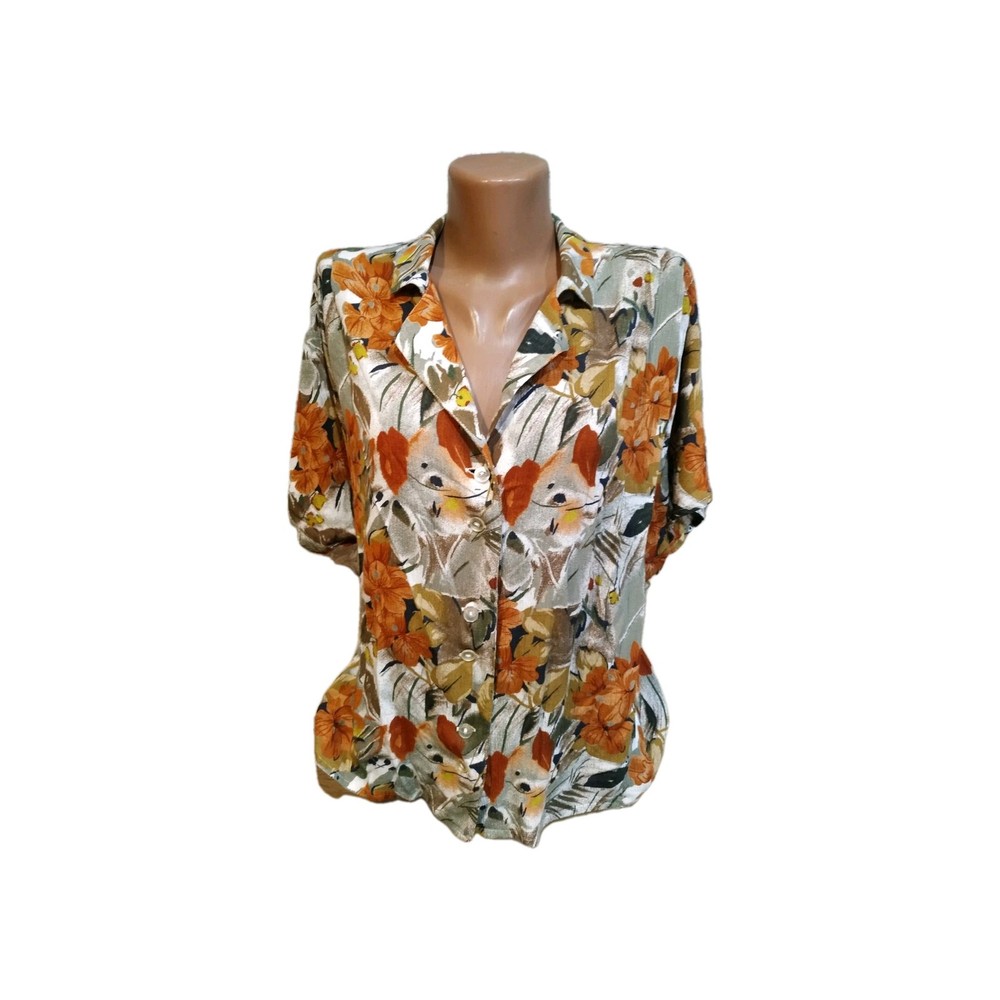 Ackermann Womens Floral Blouse Size S/M in Khaki Brown Beige Multicolor