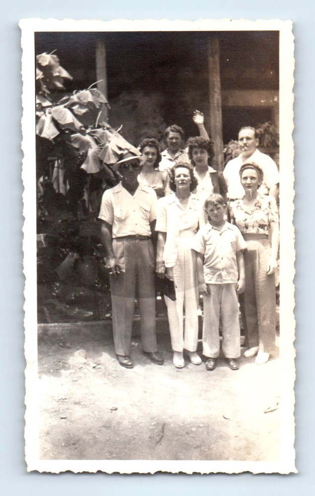 Old Vintage Photo MEN WOMEN BOY OUTSIDE HOUSE ANTIQUE SNAPSHOT
