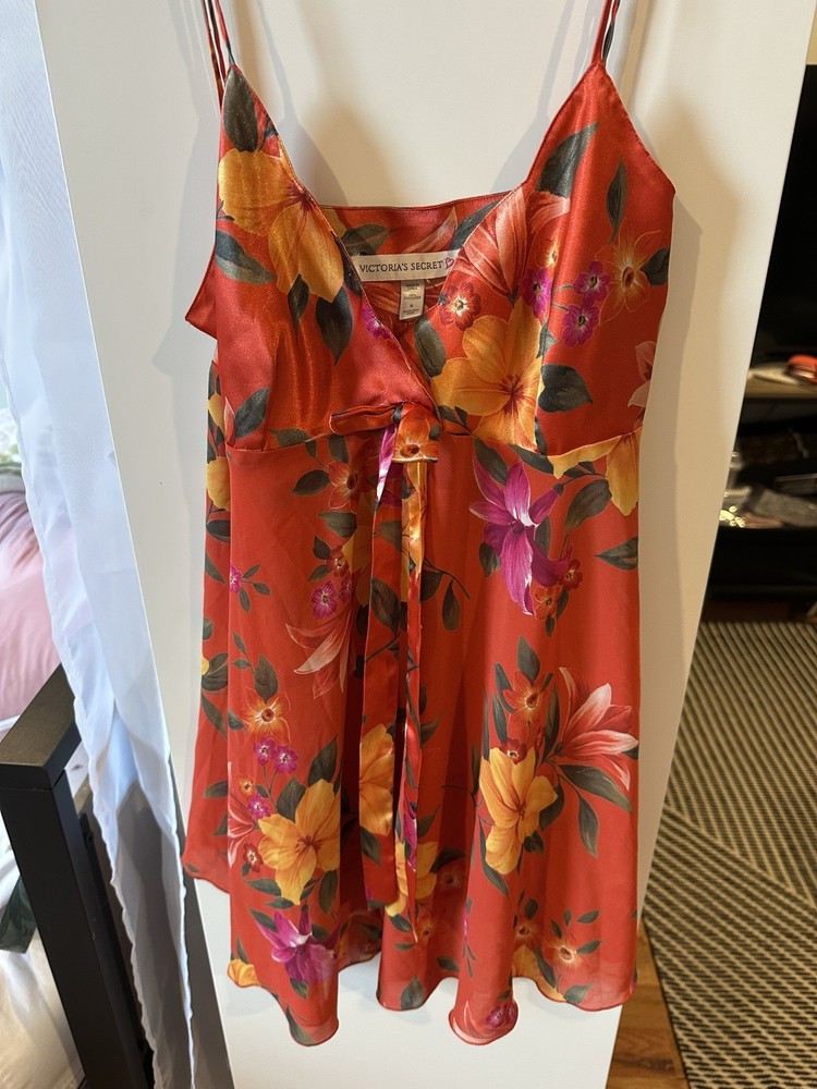 Vintage Victorias Secret Tropical Floral Theme Orange Babydoll Size Small