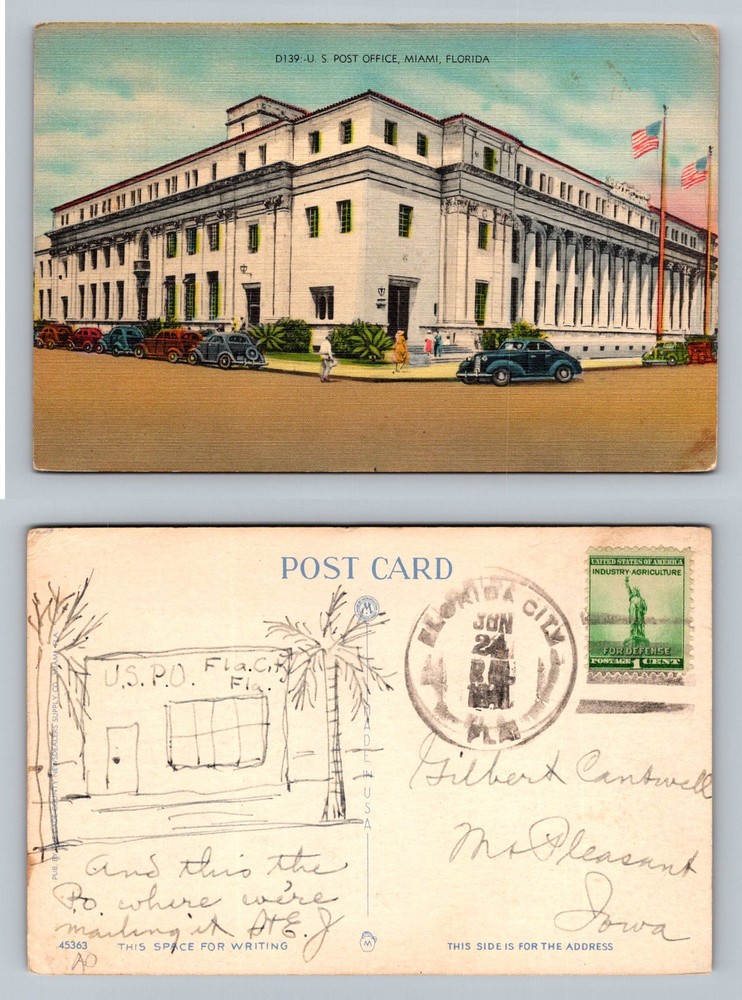 Miami, FL-Florida, US Post Office Building Street View Vintage Postcard
