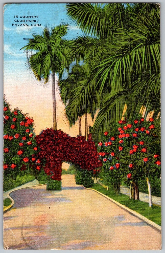 Vtg Linen Postcard Country Club Park Entrance Havana, Cuba 1930s