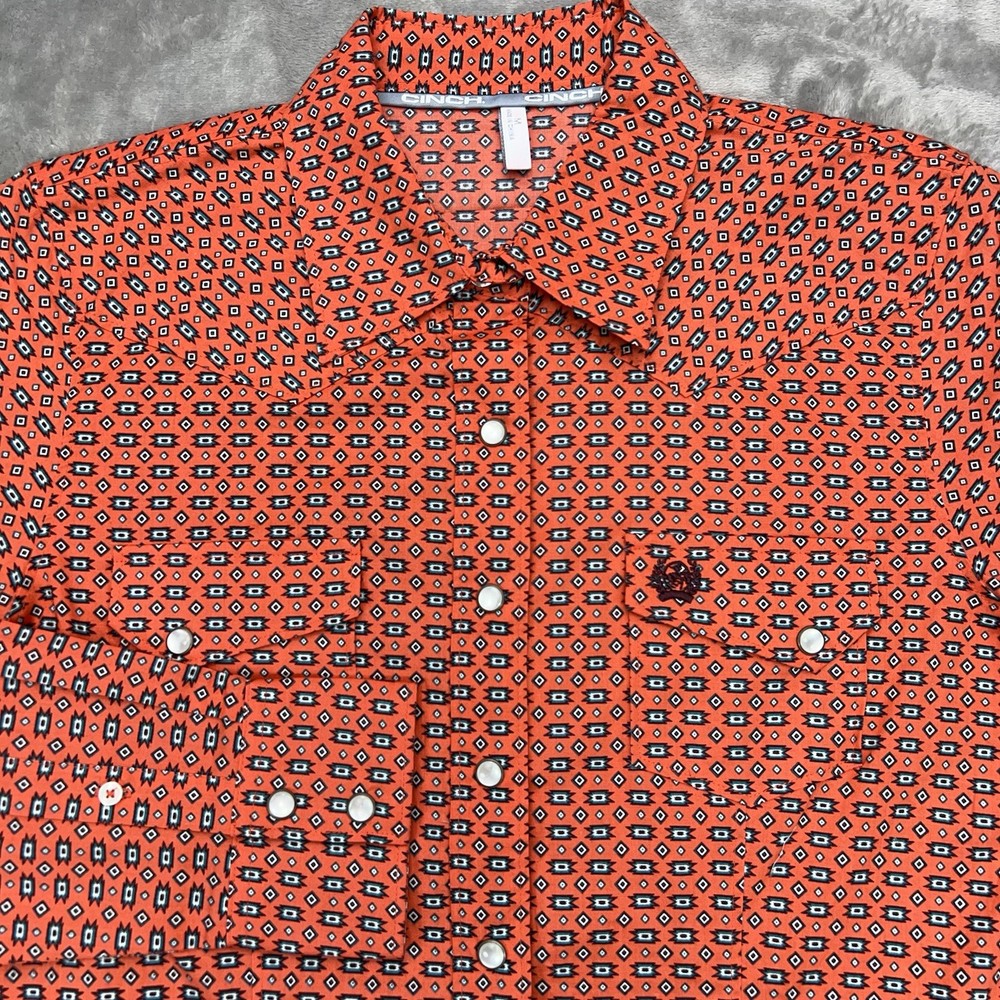 CINCH Women's Pearl Snap Shirt Medium Orange Long Sleeve Aztec Southwest Cotton