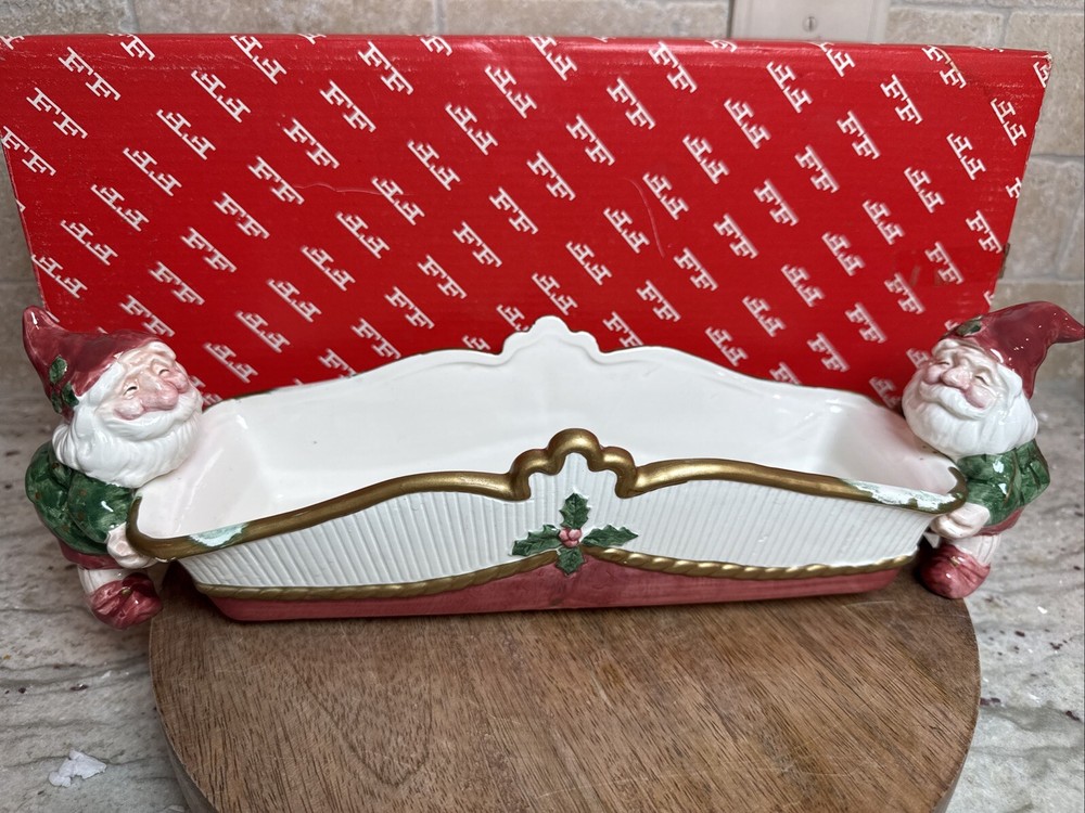 Fitz Floyd Tidbit Cracker Dish Christmas Elves Holly Ceramic Holiday Old World