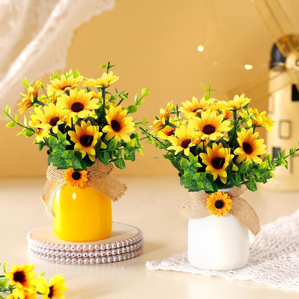Nitial 2 Pcs Artificial Fake Flowers in Vase Decorations Sunflower Table Cent...