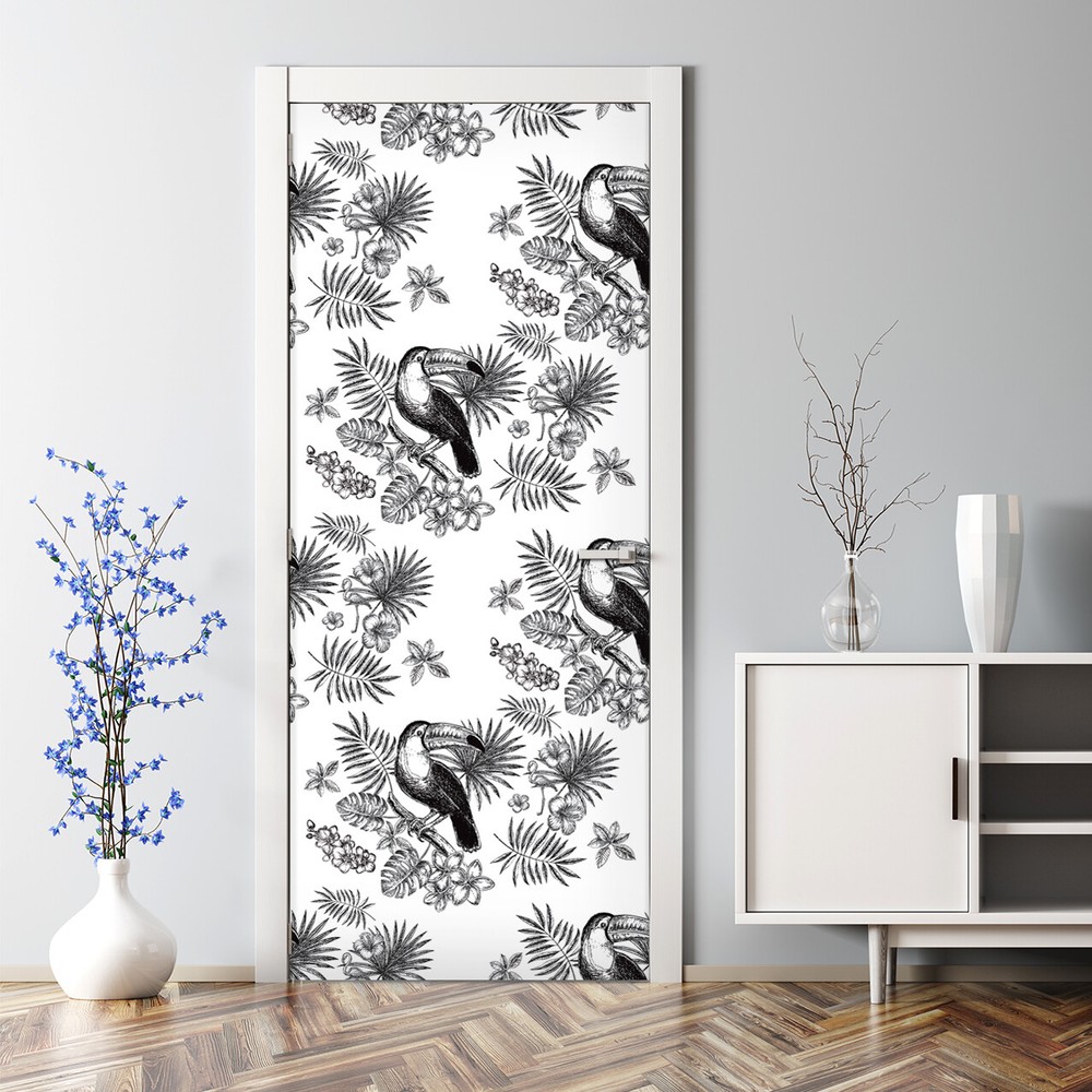 Bubble Free Door sticker Tropical Toucan Decal Self adhesive Floral Wall Decor