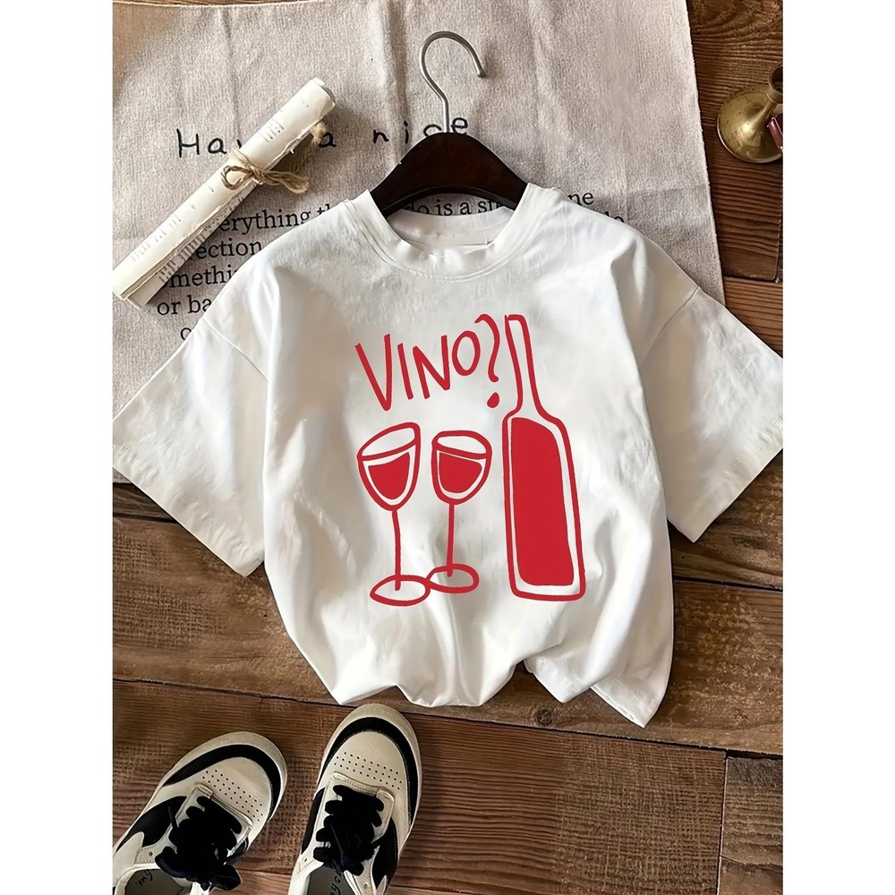 Red Wine & VINO? Printed Fashion Short-Sleeve, Casual Round-Neck T-Shirt