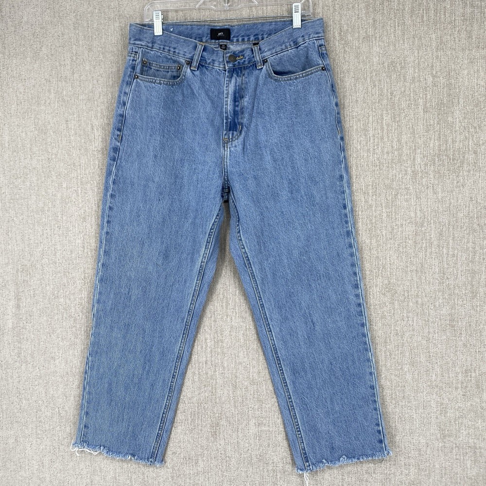 OBEY Jeans Mens 33 Blue Bender Tapered Leg Raw Hem Light Wash Denim Cotton