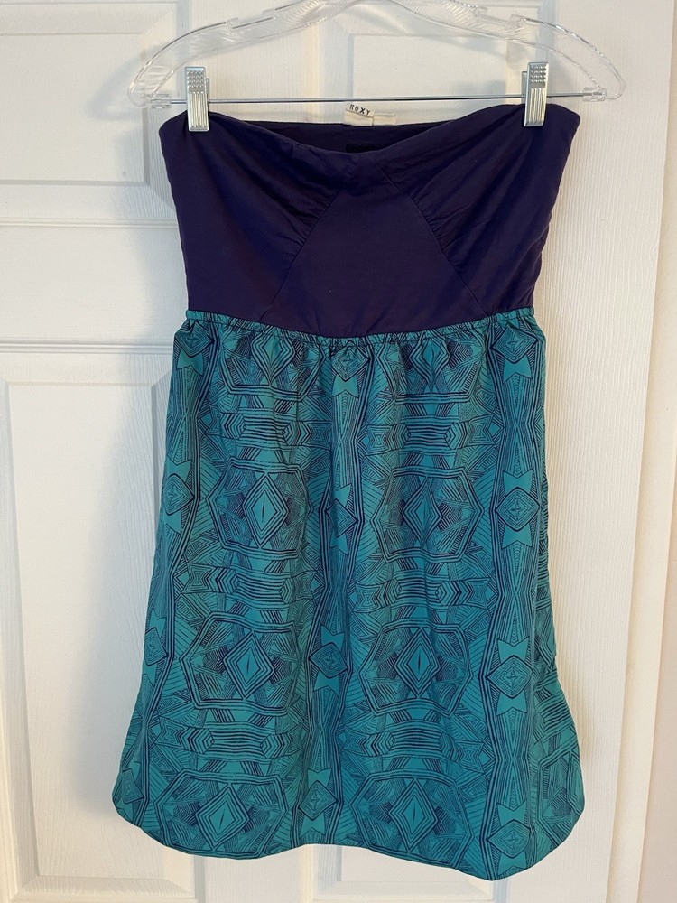 Roxy Strapless Flowy Tube Top Mini Dress Print Blue Green Size Large